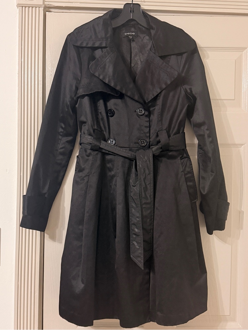 Bebe Y2K Women's Trench Coat Vintage Belted Flared Black sz M - Picture 7 of 9